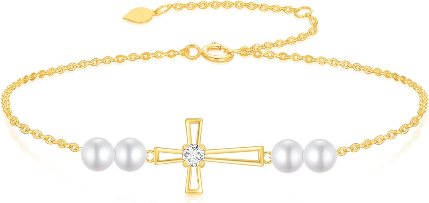 SISGEM 10k Gold Lab Grown Diamond and Pearl Cross Bracelet for Women, Confirmation Jewelry Gifts for Her 6.2"-7.8"