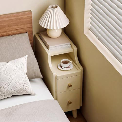 Image of Nightstand, Pre-Assembled, 19.7 inchH Solid Wood Narrow Night Stand with 2 Drawers, Open Sliding Shelf, Mid Century Modern Small Bedside Table for Bedroom, Cream 8 inch
