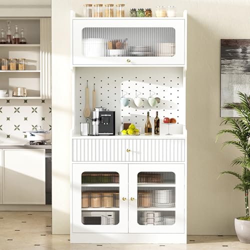 ZKLOEP Mueble alto con estantes ajustables, cajones, iluminación LED y cristal estriado, ideal para comedor, salón y cocina (color blanco)
