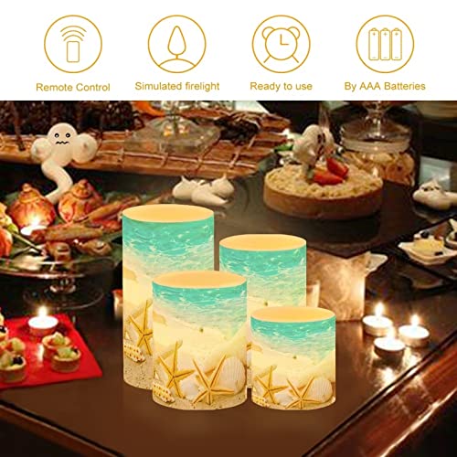 Image of Beach Starfish Seashell Flameless Light Candles Battery Powered with Timer Remote Color Chaging Pillar Fake Candles Pack of 4 for Wedding Home Outdoor Decor