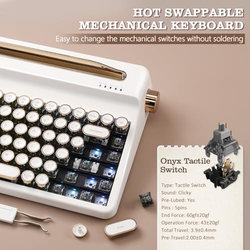 Image of YUNZII QL75 Wireless Typewriter Hot Swap Retro Mechanical Keyboard,Punk Round Keycaps,RGB Backlit QMK /VIA Programmable, Multi-Device Keyboard with 2.4GHz /Type-C /BT5.0 (White, Onyx Switch)