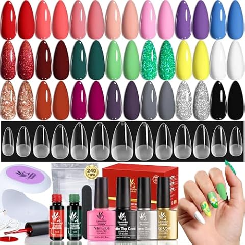 LAVENDER VIOLETS Gel Nail Polish Kit with U V Light - Nail tech Supplier Gel Colors, LED Nail Lamp, Nail Extension Starter: 240 Medium Almond Tips, Press on Nail Glue, Base/Glossy/Matte Top Coat VC17 Cover
