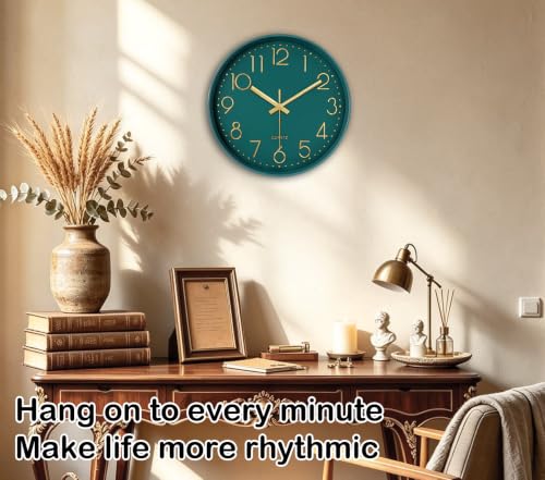 Image of Modern Silent Wall Clock, 14 Inch Wall Clocks Battery Operated | Large Number, Non-Ticking Analog Clock with Tempered Glass Quartz Clocks for Living Room Bedroom Office Kitchen, Dark Green