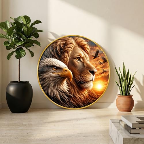 Image of SAF Lion Eagle Round Wall Painting with Premium PVC Golden Frame, Wildlife Sunset King Power Art for Living Room Office Bedroom Home Decor Gift (12 x 12 Inch) GRS-457