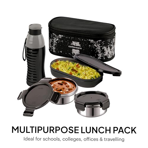 Image of CELLO Gemini Lunch Box Gift Set of 3 Pieces with Bag for Office Use Black | 300ml x 2 Steel Round Containers, 500ml x 1 Oval Container with 600 ml Water Bottle, Leak Proof Tiffin Set for School Travel