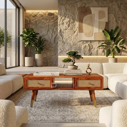 Image of DRIFTINGWOOD Amber Solid Sheesham Wood Coffee Table (100x50x43 cm) | Center Table with 2 Rattan Drawers, Open Storage | Honey Finish