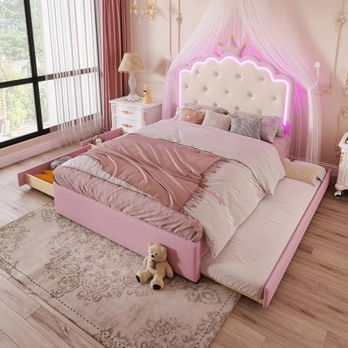 Lubvtti Cama Acolchada de 140x200 cm con LED, Cama Individual con Cama Nido y 2 cajones,Cama Infantil,Cama de Matrimonio con contenedor,Estructura Cama 140x200 cm con somier de láminas, PU,Rosa