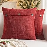 MIULEE Set of 2 Decorative Linen Throw Pillow Covers Christmas Cushion Case Triple Button Vintage Farmhouse Pillowcase for Couch Sofa Bed Decor 18 x 18 Inch Wine Red