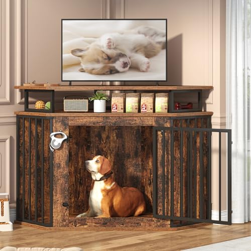 52 Corner Dog Crate Furniture with Storage Shelves Farmhouse Large Dog Kennel Indoor Wooden Pet Crate Heavy Duty Chew Resistant 2 Hooks Rustic Brown