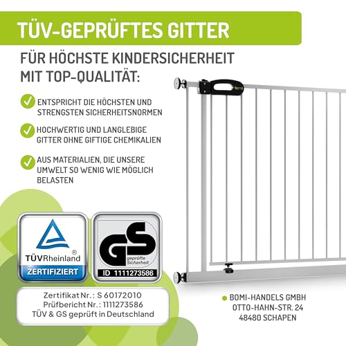 BOMI TÜV GS Siegel Schutzgitter XXL Merle | Ohne Bohren | 90° Stop | Schließt automatisch | Türschutzgitter schmal weiß Metall | Treppenschutzgitter Türgitter Klemmgitter | Breite: 63-71 cm
