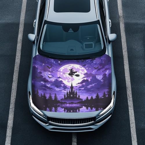Image of Car Hood Cover Protector Witch Castle Halloween Print Waterproof Car Hood Wrap Blanket Auto Flag Automotive Halloween Exterior Accessories for Sedans SUVs Pickups Trucks Jeeps