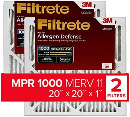 Filtrete 20x20x1, AC Furnace Air Filter, MPR 1000, Micro Allergen Defense, 2-Pack (exact dimensions 19.719 x 19.719 x 0.84)
