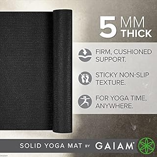 Gaiam Yoga Mat Premium Solid Color Non Slip Exercise & Fitness Mat for All Types of Yoga, Pilates & Floor Workouts, Black, 5mm , 68"L x 24"W x 5mm