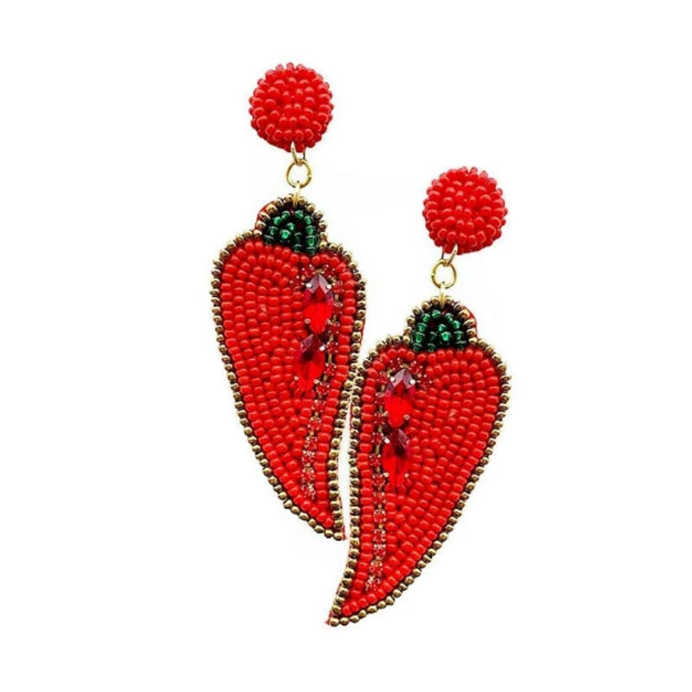 The Silver PlazaLarge Seed Beaded Chili Pepper Dangle Earrings, Red Hot Pepper Earrings