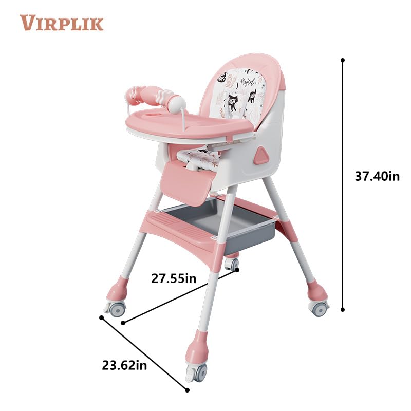 4-in-1 Foldable Baby High Chair for Babies & Toddlers, Adjustable High Chair with Removable Double Tray, Detachable PU Seat Cushion, Locking Wheels, Easy to Clean,Pink thumbnail
