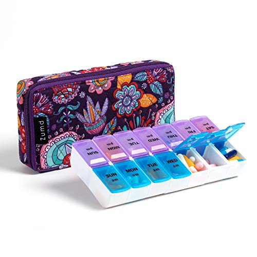 Image of Weekly Pill Organizer 2 Times a Day, Zumd Pill Box 7 Day with Cute Quilted Fabric Zipper Case, Travel Pill Case Am Pm for Vitamin Medicine Organizer