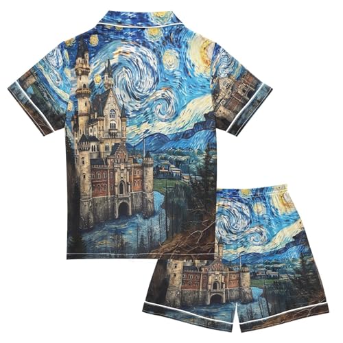 ALAZA Van Gogh Starry Sky European Castle Satin Pajamas Set Short Sleeve Button Down Sleepwear Summer Pjs 2 Piece2
