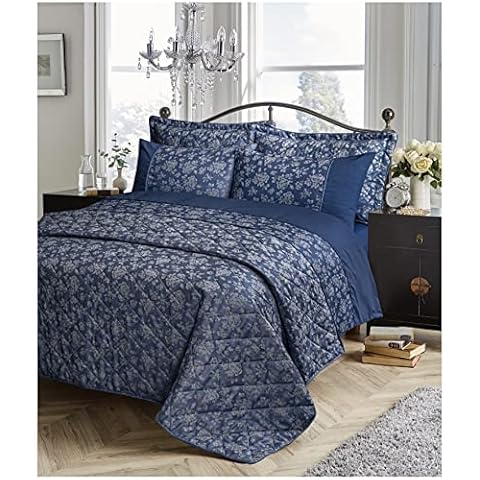 Hendem Kew Floral Jacquard Quilted Bedspread Set Cotton Rich Comforter Throw Coverlet With 2 Pillow Shams To Fit Double And King Size (Navy) Cover