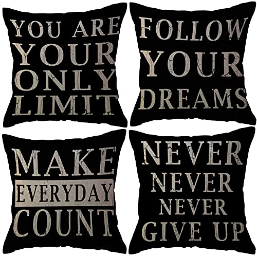 ULOVE LOVE YOURSELF Vintage Inspirational Quotes Throw Pillow Covers Farmhouse Decorative Pillow Covers Set of 4 Encouraging Saying Words Home Decor Pillowcases 18×18 Inch for Sofa/Couch/Porch(Black)
