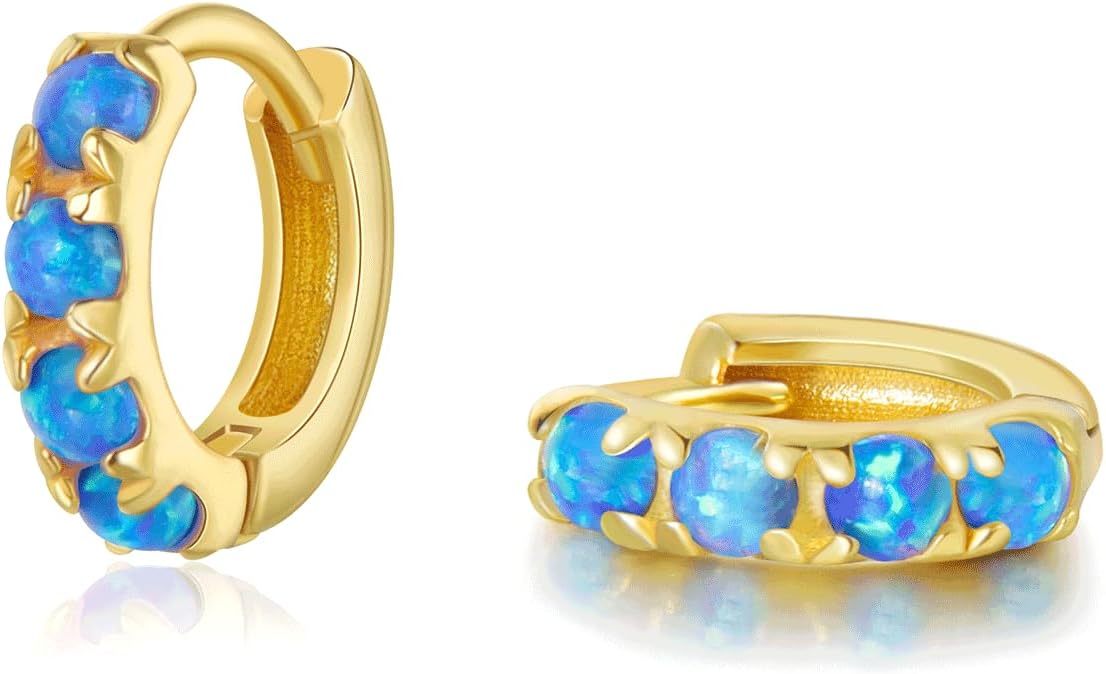 925 Sterling Silver Opal Hoop Earrings White/Blue/Pink/Green Opal Small Gold Plated Hinged Huggie Earrings 6/8/10mm