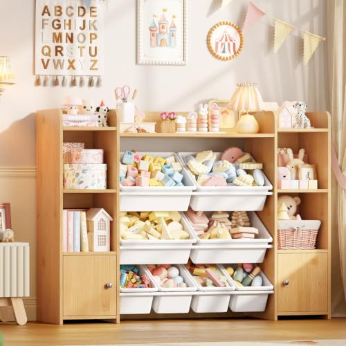 Image of FOTOSOK Toy Storage Organizer with 8 Toy Bins, Toy Organizer Toy Bin for Kids | Stuffed Animal Storage Organizer, Playroom Storage and Toy Chest, Natural