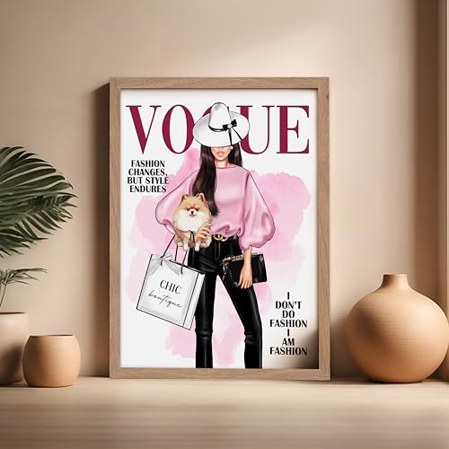Image of Poster Master Lady with Dog Print - I Am Fashion Poster - Modern Trendy Art - Chic Gift for Women & Fashionista - Haute Couture Decor for Bedroom or Girls Room - 16x20 Beige Framed