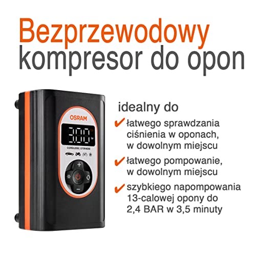 OSRAM TYREinflate 4000 akumulatorowa bezprzewodowa pompka do opon Programowalna cyfrowa sprężarka powietrza z funkcją automatycznego zatrzymania i oświetleniem LED Pompowanie opon w 3,5 minuty