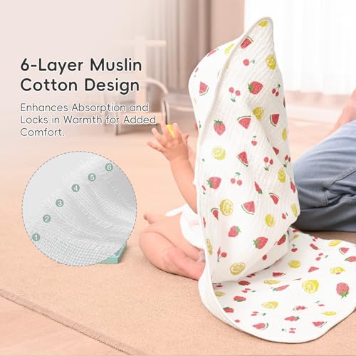 Image of PHF 100% Muslin Cotton Baby Hooded Towels, 2 Pack Bath Towel with Hood for Newborn, Infant, Toddler, Ultra Soft and Absorbent Baby Bath Essentials, Shower Gifts for Girls, 32x32Inch, Fruits
