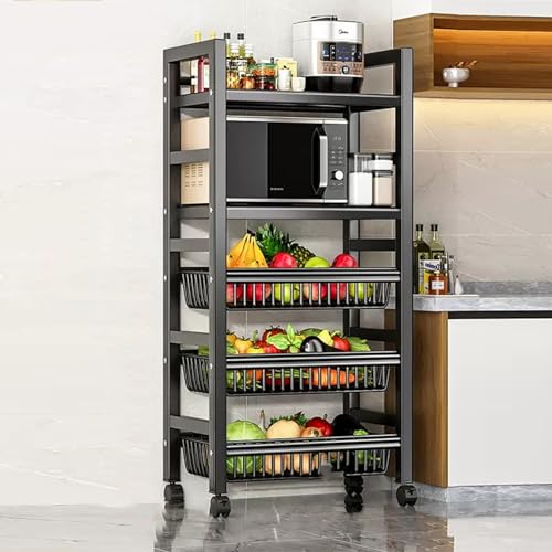 Carrello da Cucina con Ruote, Carrello per microonde con Contenitore - Scaffale da Cucina, Ripiani e Ripiani Regolabili, Ripiani in Metallo robusti con Ruote, Carrello per Frutta e Verdura