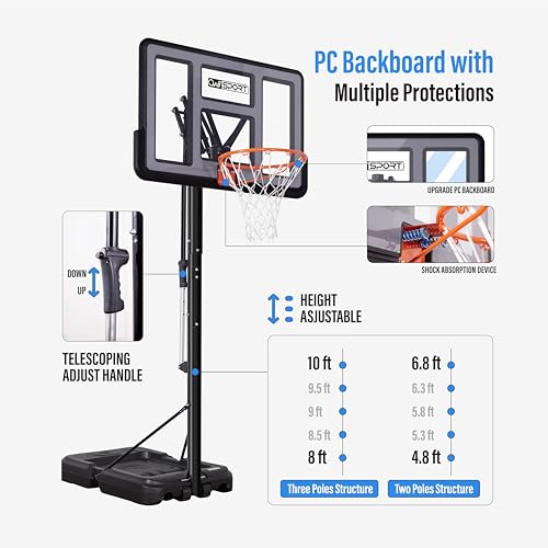 Image of AWII SPORT Basketball Hoop Outdoor Protable 40 /44 /48 Inch Impact Backboard, 4.8-10FT Height Adjustable Basketball Hoop Goal System with Wheels for Adults