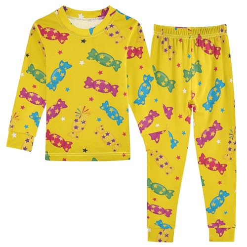 Pajama Sets Long Sleeve Colorful Candy with Star on Yellow Soft Comfy Sleepwear 2 Piece PJS 3-8T