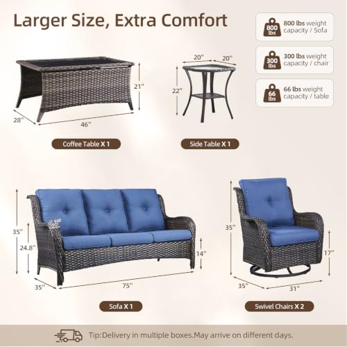 Image of Rilyson Patio Outdoor Wicker Swivel Rocker Chairs Set of 5, Blue Cushions
