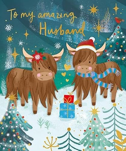 Paper Rose Highland Cow Christmas Card, Luxury Gold Foil Design, 15x18cm, Festive Tree Scene with Matching Envelope, To My Amazing Husband Message Inside, Made in UK