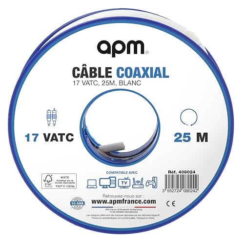 APM Bobine Câble Coaxial 17 VATC, 25M, Blindage Haute Qualité, Couleur Blanche, Compatible TV,...