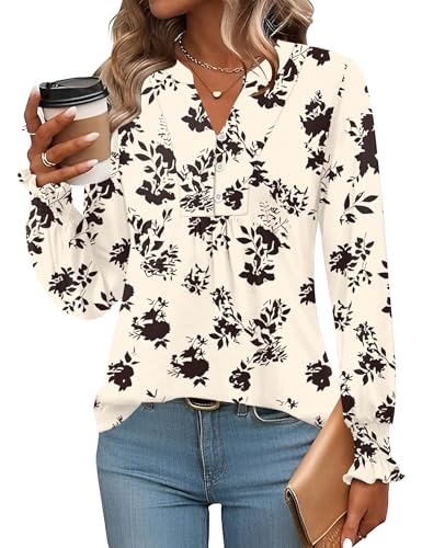 Rapbin Langarmshirt Damen Rüschenärmel Tunika Elegantes Oberteil V-Ausschnitt Knopfleiste T-Shirt Business Casual Outfits Aprikosenfarbener Druck L