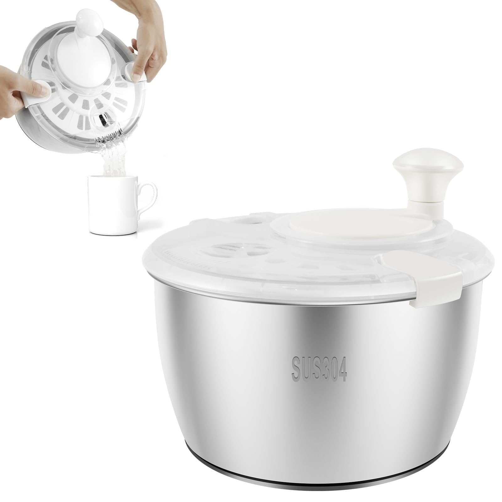 THEGA Secador De Verduras De 5 L, Centrifugadora De Lechuga De Acero Inoxidable 304, Secadora De Lechuga, Centrifugadora De Lechuga Multiusos, Centrifugadora De Ensalada con Orificio De Drenaje