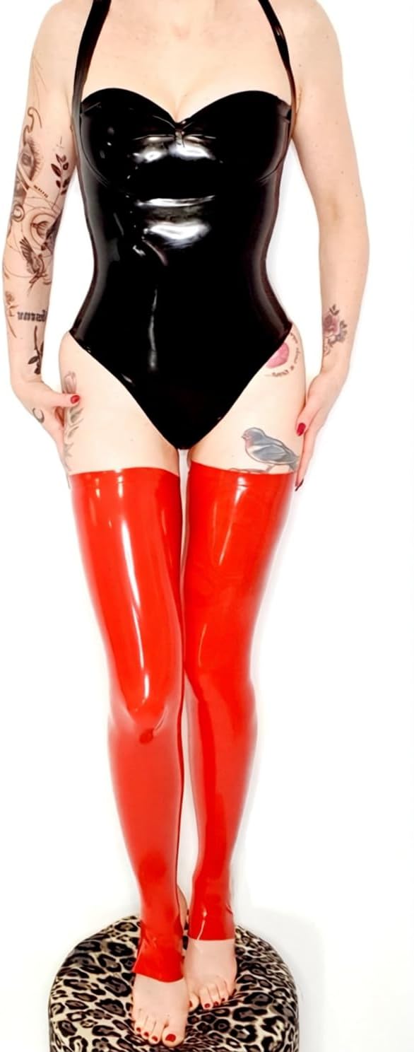 Customized Latex Stockings Women's Red Latex Rubber Thigh High Stockings with Open Heel Club wear