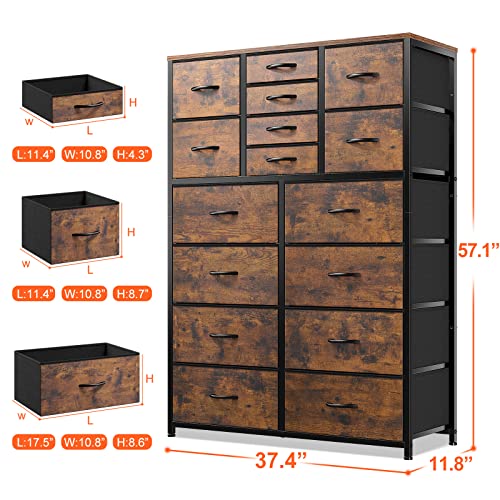 Enhomee 16 Drawer Dresser, Tall Dresser For Bedroom With Wooden Top And Sturdy Metal Frame, Large Dressers & Chest Of Drawers For Bedroom Closet Living Room Entry,57.1"Hx 37.4"W X 11.8"D, Rustic Brown #TOP2