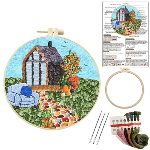 JRYYR Christmas Gifts Beginner Embroidery kit for Adults,Embroidery Kits for Beginners DIY Cross Stitch with Patterns and Instructions.(Blue Sea View Room)