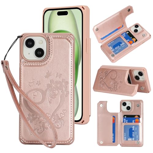 iCoverCase Compatible with iPhone 15 Plus Wallet Phone Case with Card Holder for Women, RFID Blocking Embossed PU Leather Card Slots Wrist Strap Case (Heart Rose Gold)