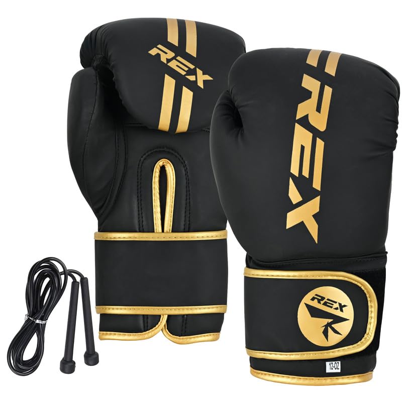 REX Sports Boxing gloves with Free Skipping Rope Muay Thai Pad gloves Sparring gloves MMA and Kick Boxing 02-08 OZ for Kids and 10-16 OZ for Adults (Black/Gold, 16 OZ) โ image 1