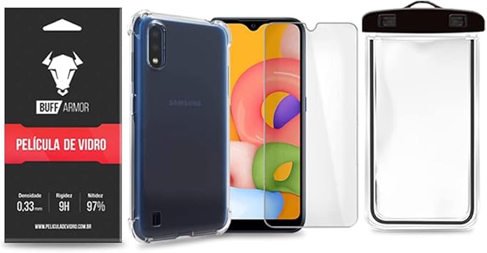 Capa Antishock Transparente + Película de Vidro Buff Armor + Capa a prova d' água para Galaxy A01 | Amazon.com.br
