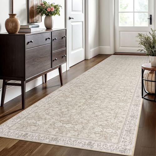3x10 Cream Beige White Grey Washable Runner Rug for Kitchen, Soft Classic Runner with Non-Slip, Non-Shedding Distressed Floral Rug for Hallways Entryway Bedroom Laundry Indoor