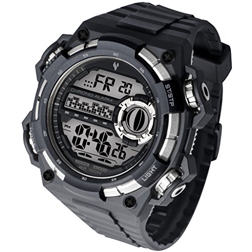 Youngs Hombres de retroiluminación LED Alarma Cronómetro electrónico al Aire Libre Impermeable Digital de Cuarzo Relojes, Color Black&Silver