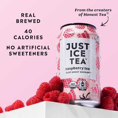 Image of Just Ice Tea, Raspberry Flavored Black Iced Tea, 12-Pack (12oz Cans), USDA Certified Organic, Low Calorie, No Artificial Sweeteners, Fair Trade, Made in USA.