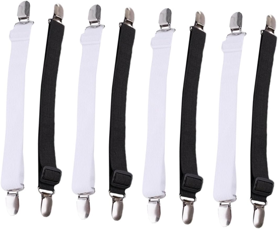 8pcs Elastic Bed Sheet Clips Grippers with Straps for Flat and Fitted Mattress Pads Tablecloths Slipcovers Heavy Duty Fasteners to Keep Bedding Neat and Wrinkle