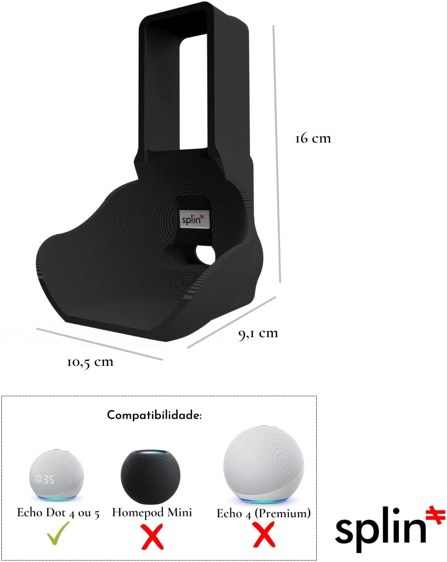 Splin Suporte All In One Tomada Para Smart Speaker Alexa Echo Dot 5 ou 4 - Amazon - Modelo Compacto 3.0 (preto)