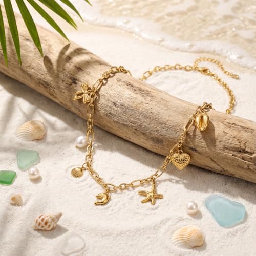 RINHOO Gold Charm Necklace for Women - Paperclip Chain Summer Beach Ocean Theme Jewelry with Starfish Shell Pearl Dolphin Pendants 18K Gold Plated Boho Vacation Necklaces Y2K Coastal Gifts (Style 2-Dolphin) - image 5