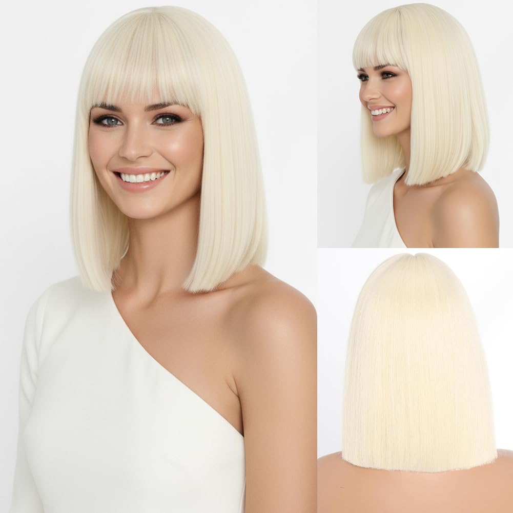 SIMKAYLEE Kurze Blonde Glatte Perücke mit Pony Damen Kurz Blond Gerade Bob Perrücke für Frauen Schulterlang Hellblond Wig für Karneval Fasching Party Halloween Cosplay Anime Roboter Alien (30 cm)