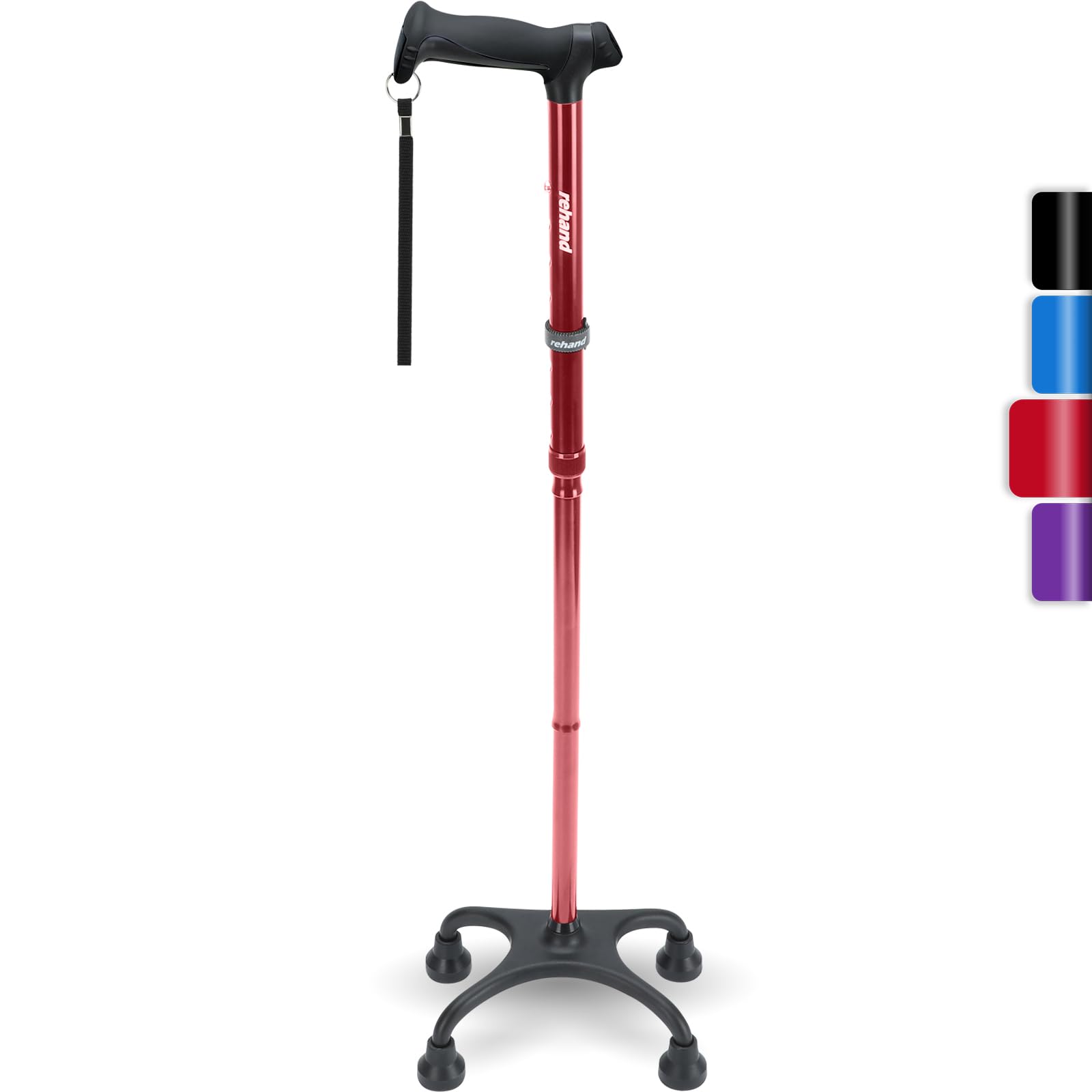 Rehand Quad Cane, Walking Cane with Ergonomic Handle Ever and Graceful 4-Pronged Base for Extra Stability, Adjustable Walking Sticks for Right or Left Handed Men & Women and Seniors